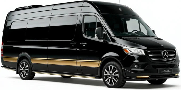 A black and gold Mercedes-Benz luxury Sprinter van for passenger transport.