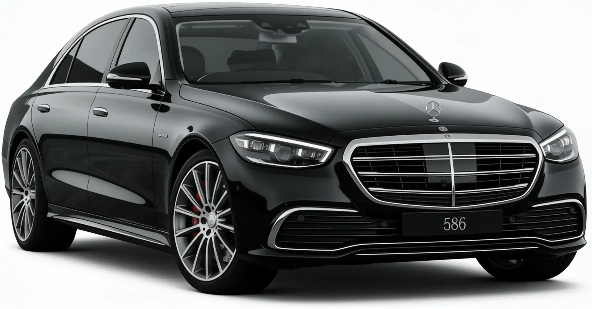 A black Mercedes-Benz S-Class luxury sedan with silver wheels and a prominent grille.