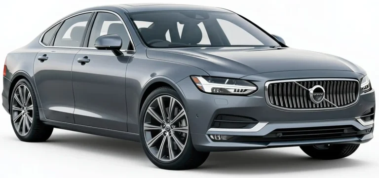 A silver-grey Volvo luxury sedan parked against a white background.