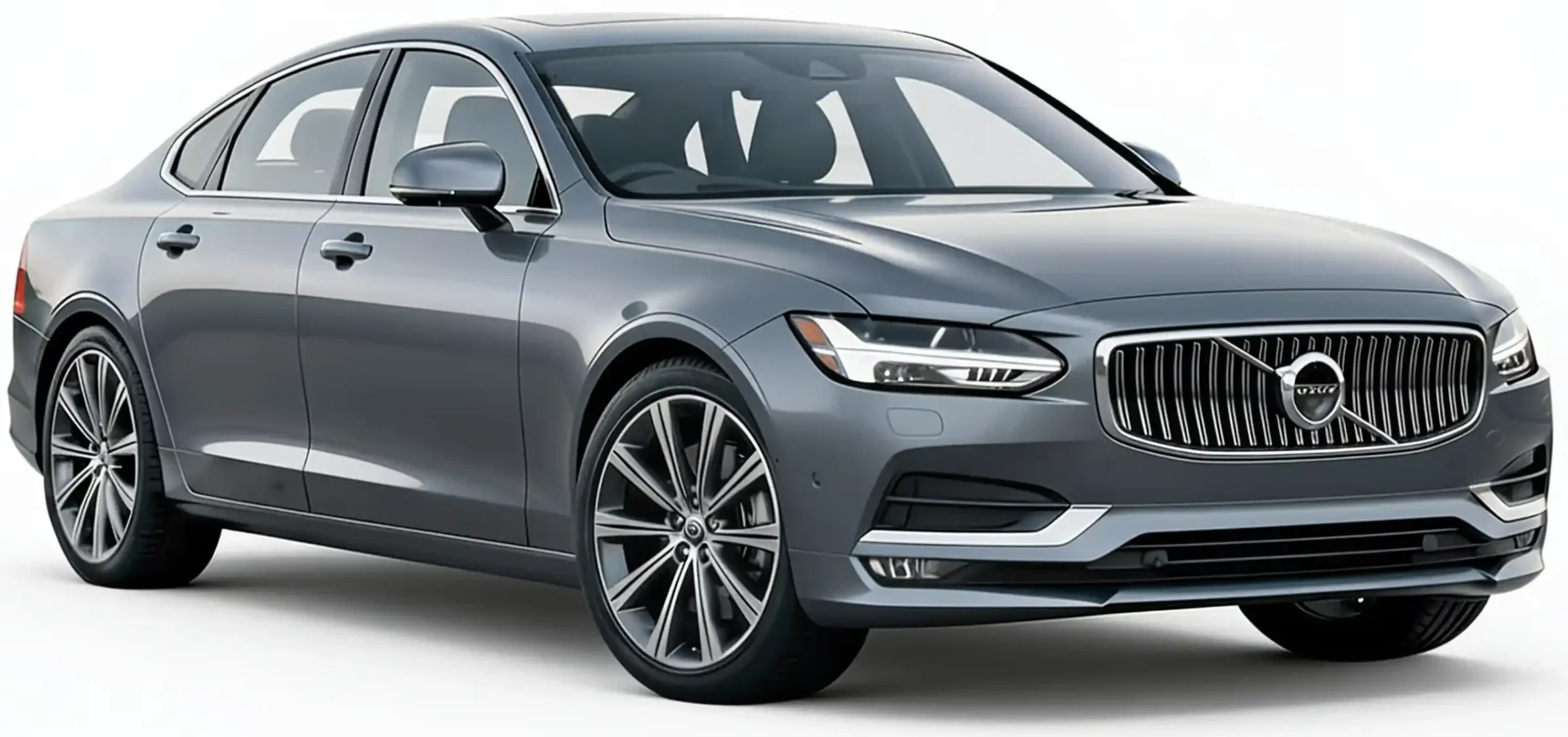 A silver-grey Volvo luxury sedan parked against a white background.